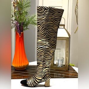 NWT Kurt Geiger Mayfair Over the Knee Metallic Gold Black Zebra Boot 36.5 / 6.5